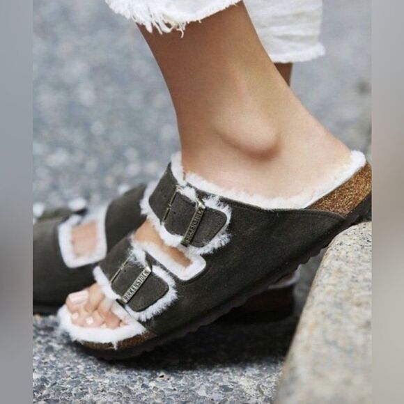 Birkenstock Shoes - Birkenstock Shearling Arizona Green Suede Sandals Size 8/39